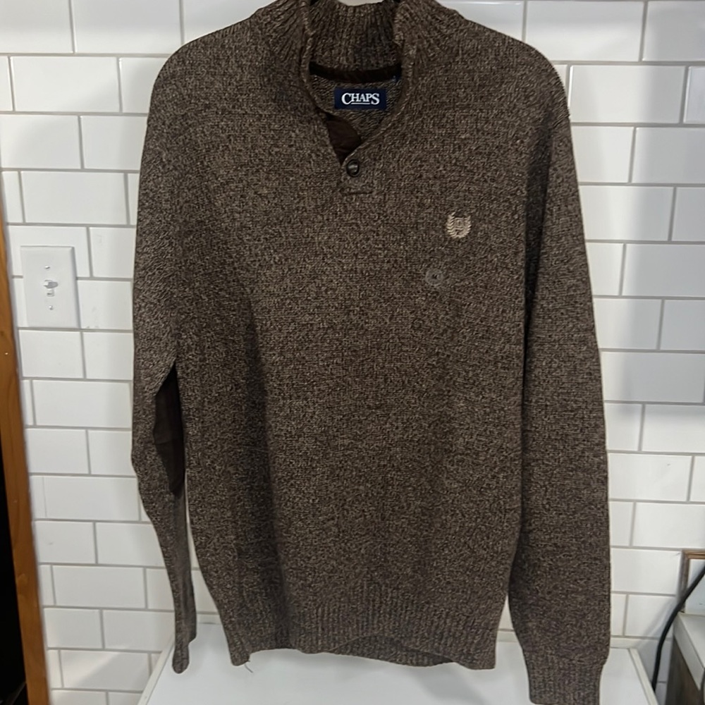 Chaps Mens Brown Heathered Sweater With Elbow Patches Size Medium NWT